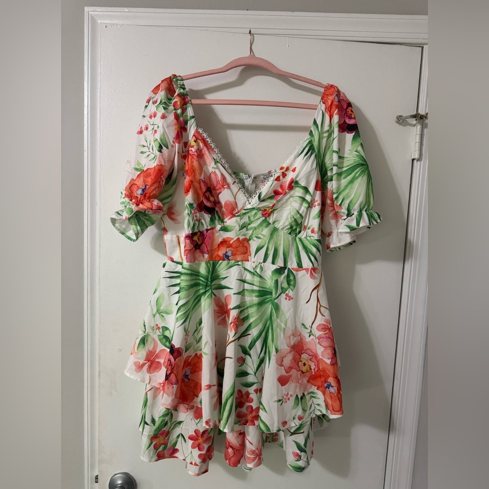 White Floral Fashion Nova V-Neck Romper with Puff Sleeves